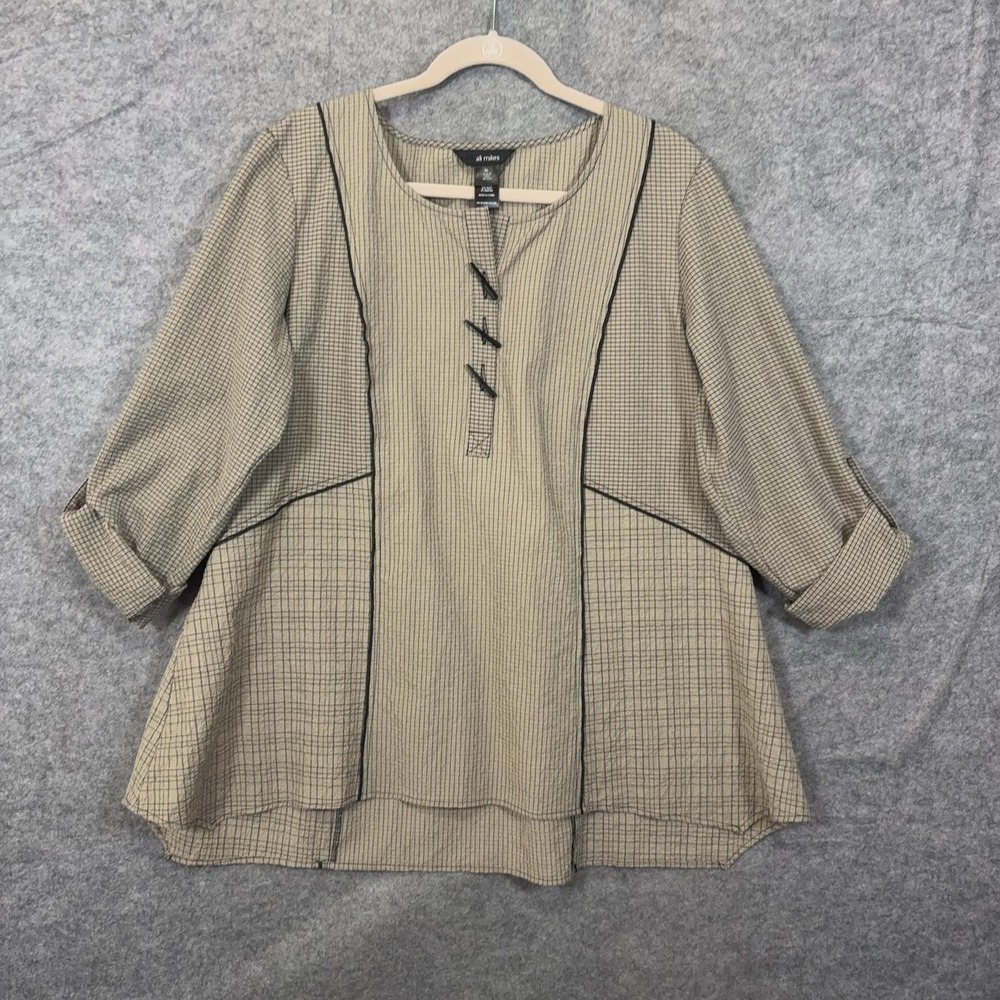 Ali Miles Tunic Blouse Womens XL Brown Check Plaid Roll Tab Sleeves Classic